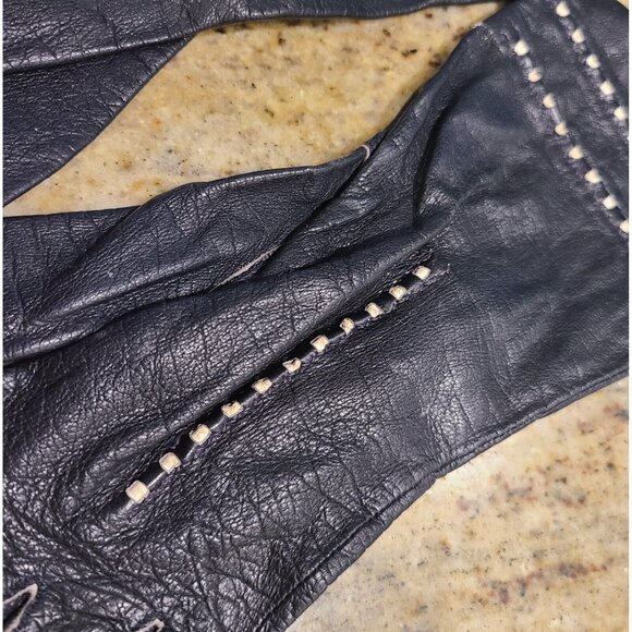 Vintage Size S 6 Black Leather Formal 10" Gloves Stitching Detail Geometric - Picture 4 of 16